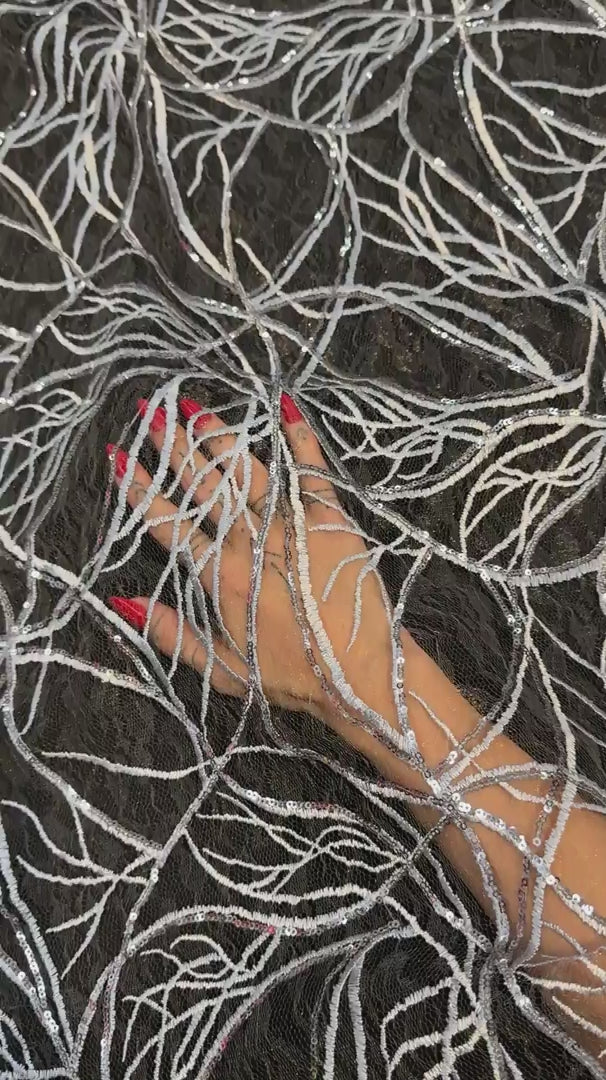 Silver Infinity Web Sequin Embroidered Mesh, Embroidered Mesh Fabric, Stretch Mesh Lace, Sequin Embroidered Fabric, Sheer Sequin Fabric, Web Lace Fabric, Infinity Lace Fabric