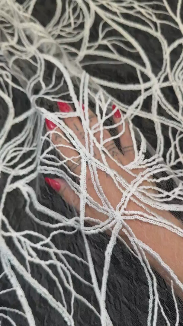 White Infinity Web Sequin Embroidered Mesh, Embroidered Mesh Fabric, Stretch Mesh Lace, Sequin Embroidered Fabric, Sheer Sequin Fabric, Web Lace Fabric, Infinity Lace Fabric