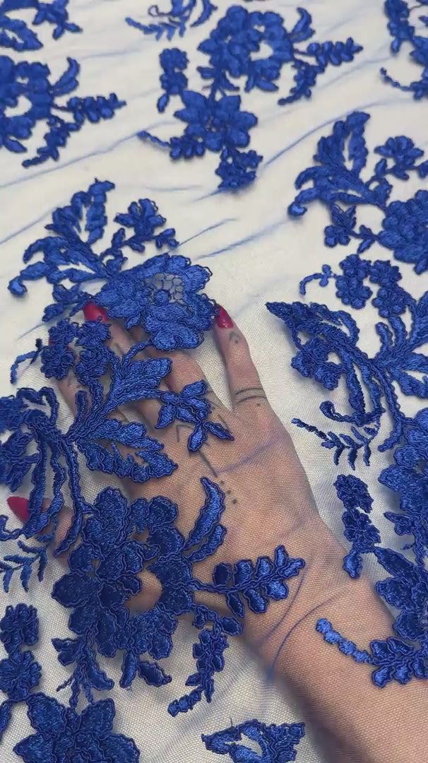 Royal Blue Romantic Bloom Embroidered Mesh Lace, Romantic Lace Fabric, Sheer Embroidered Lace, Bloom Lace Fabric, Bridal Lace Fabric, Wedding Dress Lace
