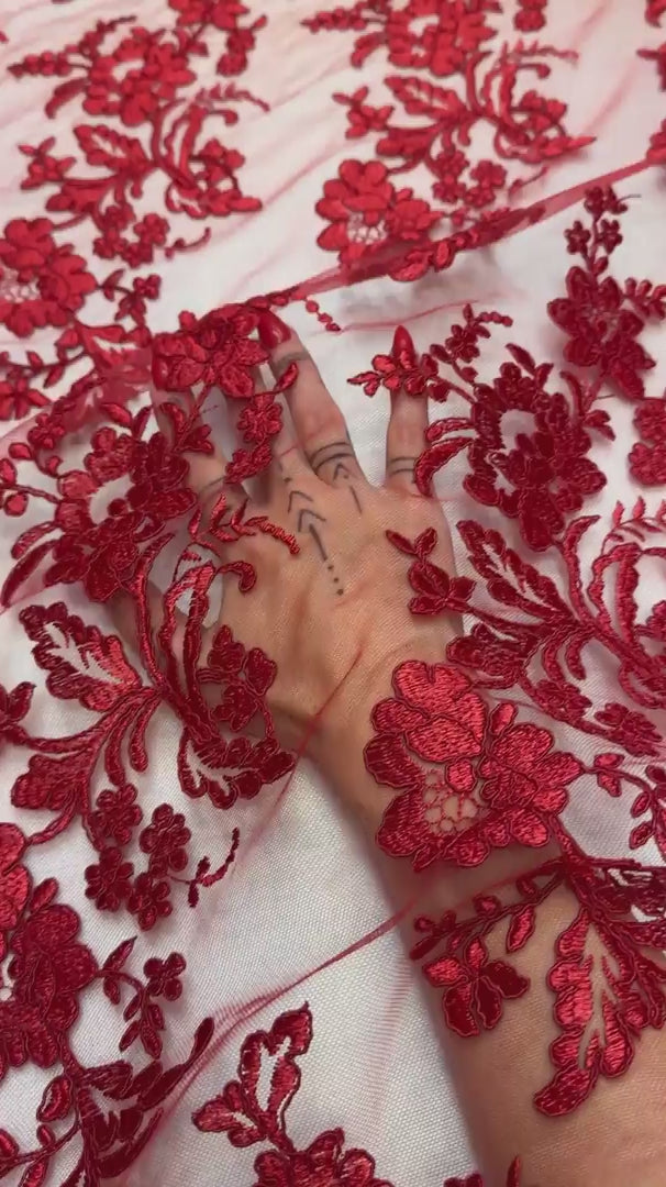 Red Romantic Bloom Embroidered Mesh Lace, Romantic Lace Fabric, Sheer Embroidered Lace, Bloom Lace Fabric, Bridal Lace Fabric, Wedding Dress Lace