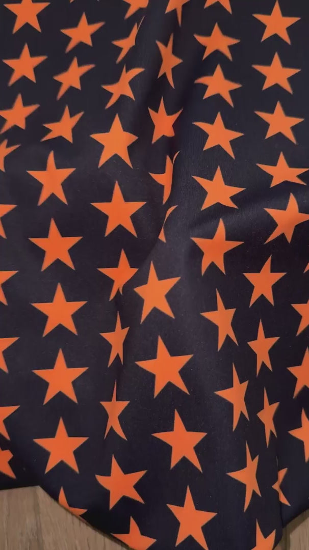 Orange on Black Mini Stars Print Nylon Spandex, Halloween Spandex, Halloween Fabric, Spandex Fabric, Nylon Spandex, Stretch Fabric, 4 Way Stretch, Spooky Fabric