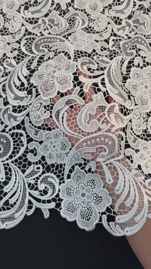Off White Floral Couture Embroidered Scalloped Guipure, Embroidered Floral Lace, Scalloped Lace Fabric, Couture Lace Fabric, Floral Embroidered Lace, Bridal Lace Fabric