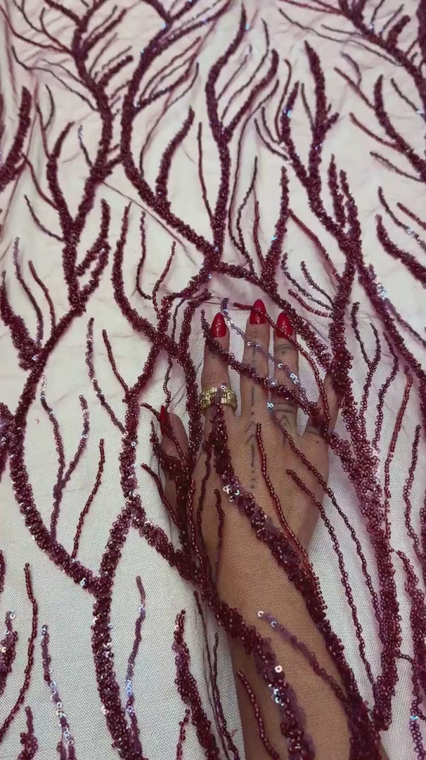 Burgundy Abstract Branch Beaded Sequin Lace on Mesh, Branch Lace Fabric, Beaded Sequin Lace, Sequin Mesh Lace, Beaded Lace Mesh, Abstract Lace Fabric, Embellished Lace Fabric
