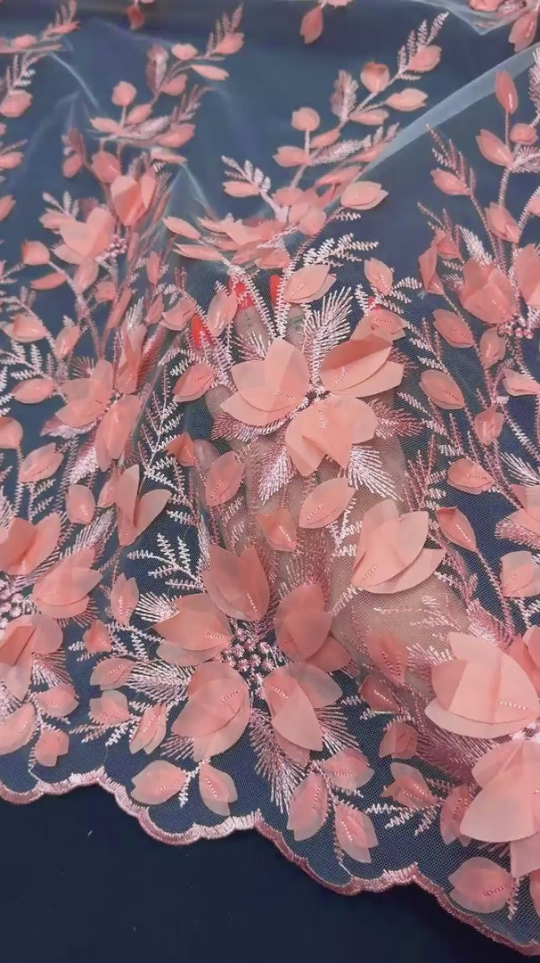 Coral Peach Petals 3D Couture Embroidered Lace, 3d Floral Lace, Embroidered Lace Fabric, 3d Lace Fabric, Floral Applique Lace, Couture Lace Fabric