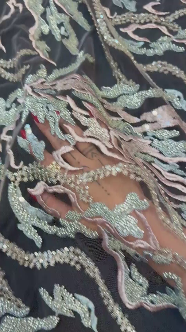 Blush-Mint Abstract Leaf Beaded Sequin Lace, Leaf Sequin Lace, Beaded Sequin Lace, Leaf Lace Fabric, Abstract Lace Fabric, Embellished Lace Fabric, Sequin Lace Fabric, Beaded Lace Fabric