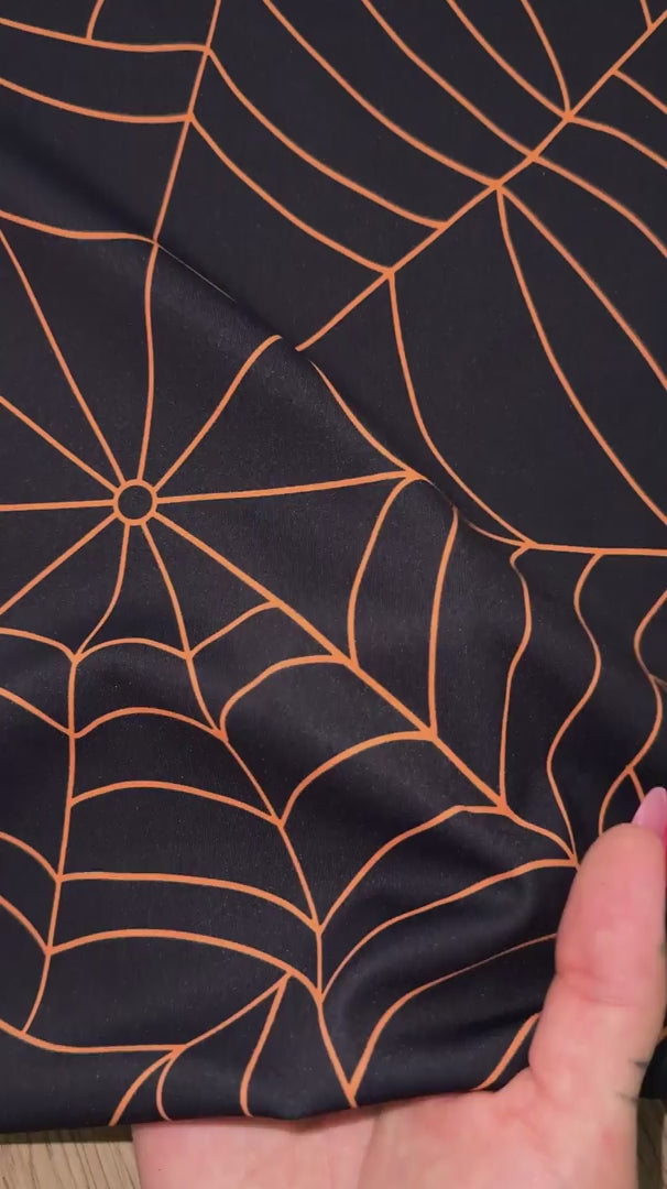 Black Orange Spider Web Design Print Nylon Spandex, Halloween Spandex, Halloween Fabric, Spandex Fabric, Nylon Spandex, Stretch Fabric, 4 Way Stretch, Spooky Fabric