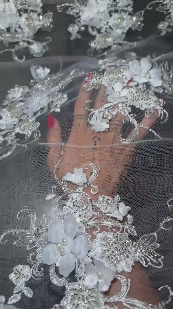 White 3D Floral Embroidered Beaded Tulle Lace, Embroidered Lace, Beaded Tulle Lace, Tulle for Wedding Dress, Pearl Material, Tulle Fabric, Tulle Lace Dress Woman