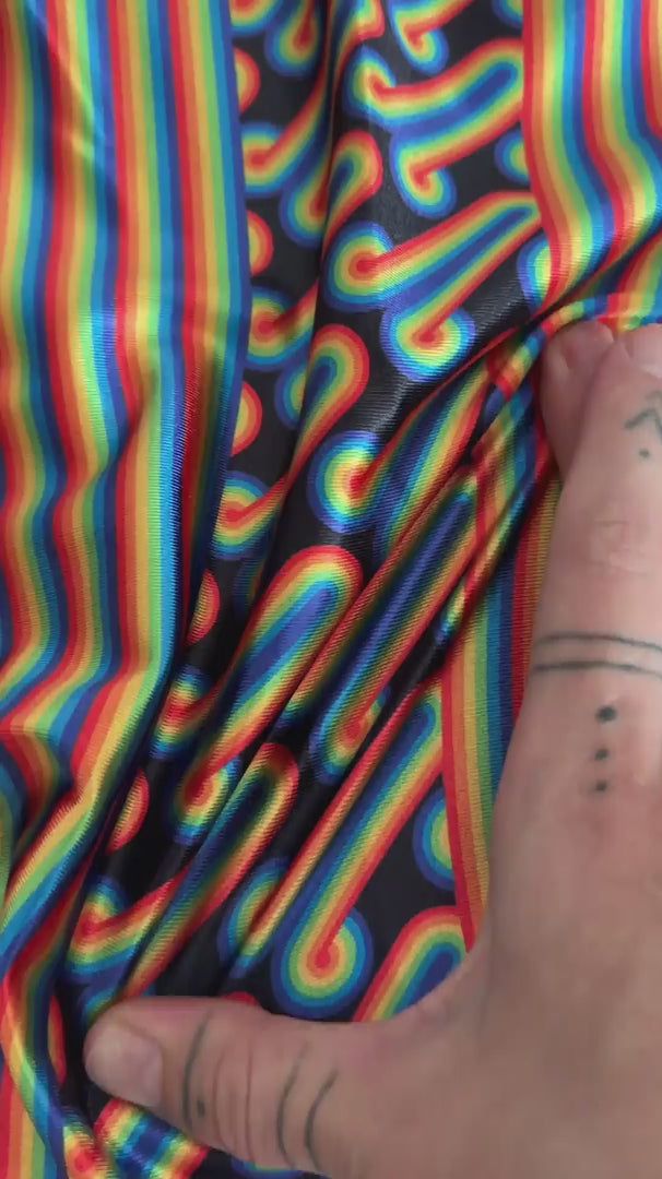Black Retro Rainbow Graphic Nylon Spandex, Nylon Spandex Print, Printed Spandex Fabric, Stretch Print Fabric, Printed Stretch Fabric, Spandex Print Fabric, Printed Fabric Stretch