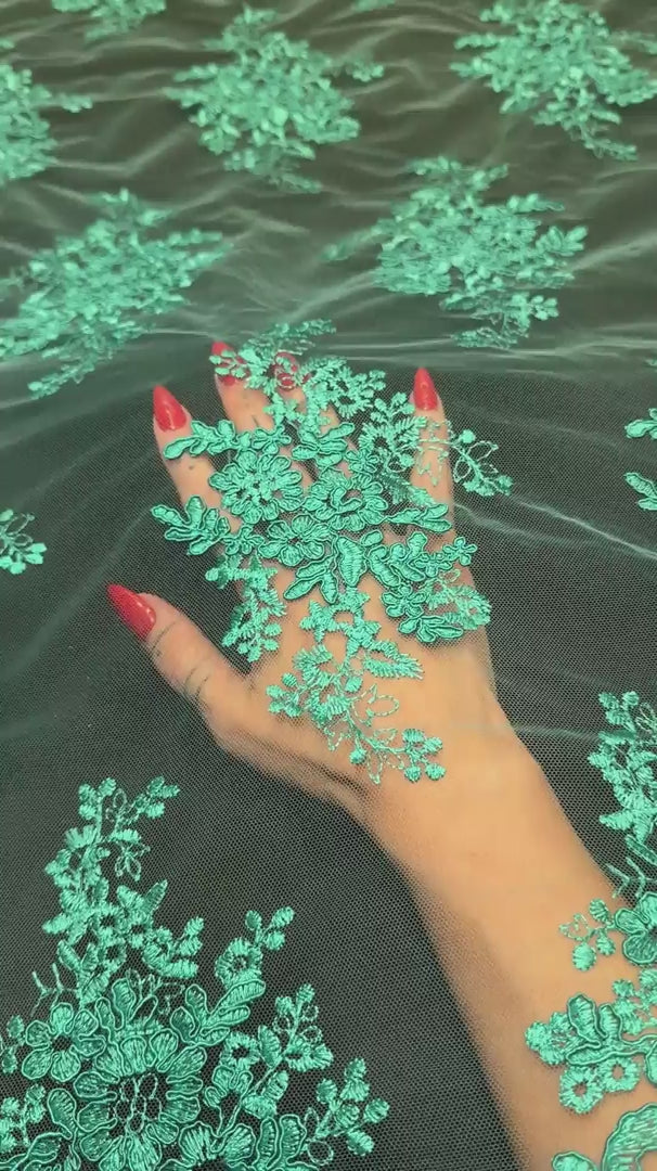 Lagoon Emerald Fleur Scalloped Lace Mesh, Scalloped Lace Fabric, Fleur Lace Fabric, Embroidered Lace Mesh, Sheer Lace Fabric, Floral Mesh Fabric, Bridal Lace Fabric