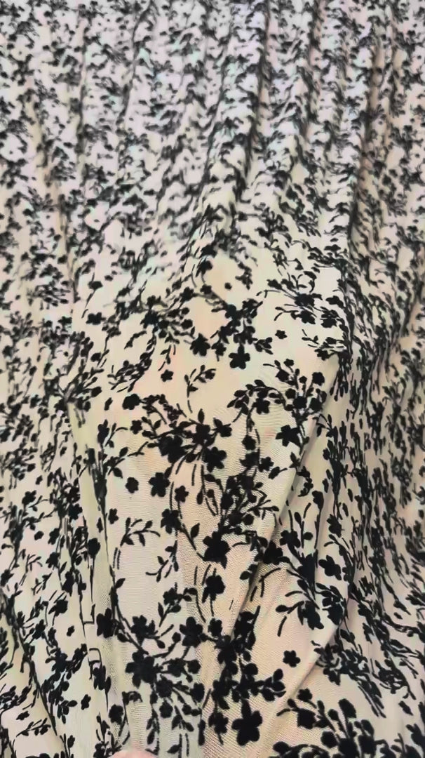 Black Velvet Flowers on Nude Mesh, Floral Mesh Fabric, Velvet Flower Fabric, Black Mesh Fabric, Embroidered Mesh Fabric, Sheer Floral Fabric, Velvet Embroidery Fabric