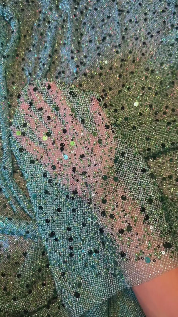 Emerald Green Sequin Beaded Pearl Mesh, Sequin on mesh, Pearl Beaded Mesh, beaded sequin on mesh, pearl beaded fabric, shimmering sequins 