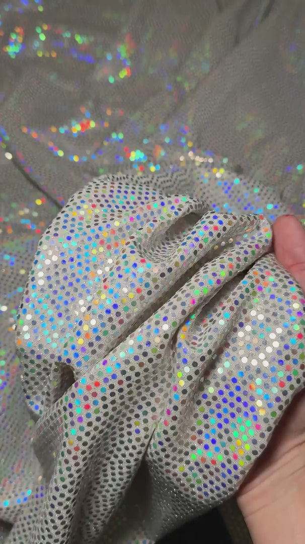 Off White Iridescent Sequin Mirror Foiled Spandex, Sequin Spandex, Sequin Lycra, Foil Spandex, Mirror Spandex, Mirror Fabric, Metallic Spandex, Metallic Fabric, Foil Fabric