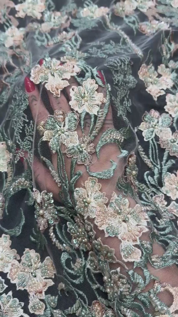Peach-Mint Pearl Beaded Floral Embroidery Lace, Floral Embroidery Lace, Beaded Floral Lace, Pearl Lace Fabric, Embroidered Lace Fabric, Floral Lace Fabric, Beaded Lace Fabric, Embellished Lace Fabric