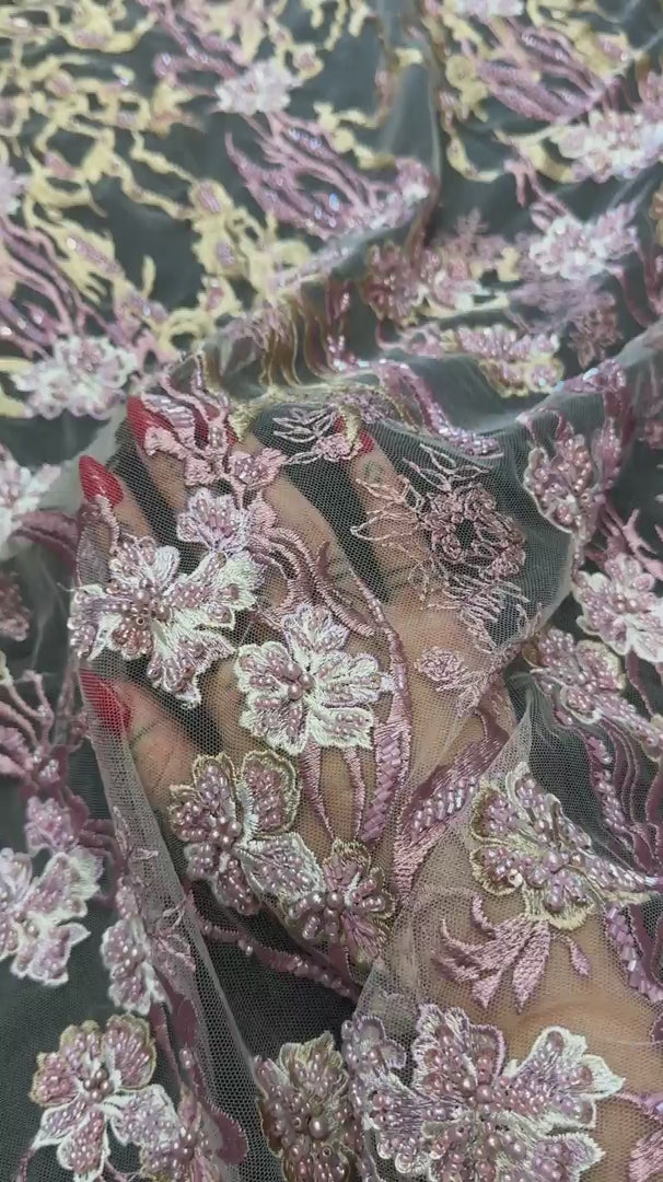 Blush-Mauve Pearl Beaded Floral Embroidery Lace, Floral Embroidery Lace, Beaded Floral Lace, Pearl Lace Fabric, Embroidered Lace Fabric, Floral Lace Fabric, Beaded Lace Fabric, Embellished Lace Fabric