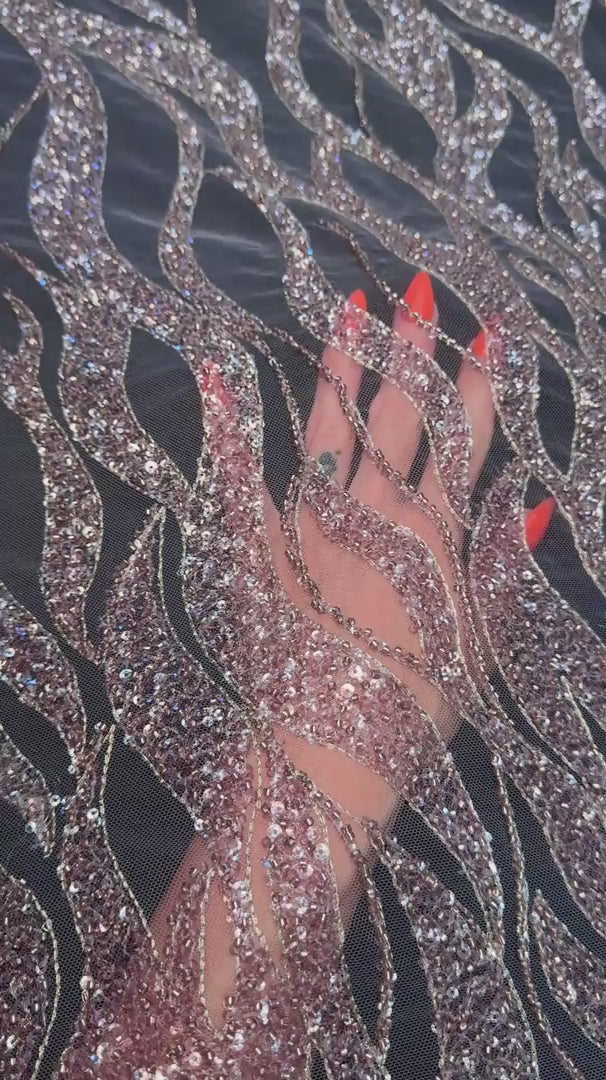 Blush Pink Flame Sequin Beaded Lace, Beaded Lace Fabric, Sequin Lace Fabric, Flame Sequin Fabric, Embroidered Lace Fabric, Embellished Mesh Fabric, Beaded Mesh Fabric