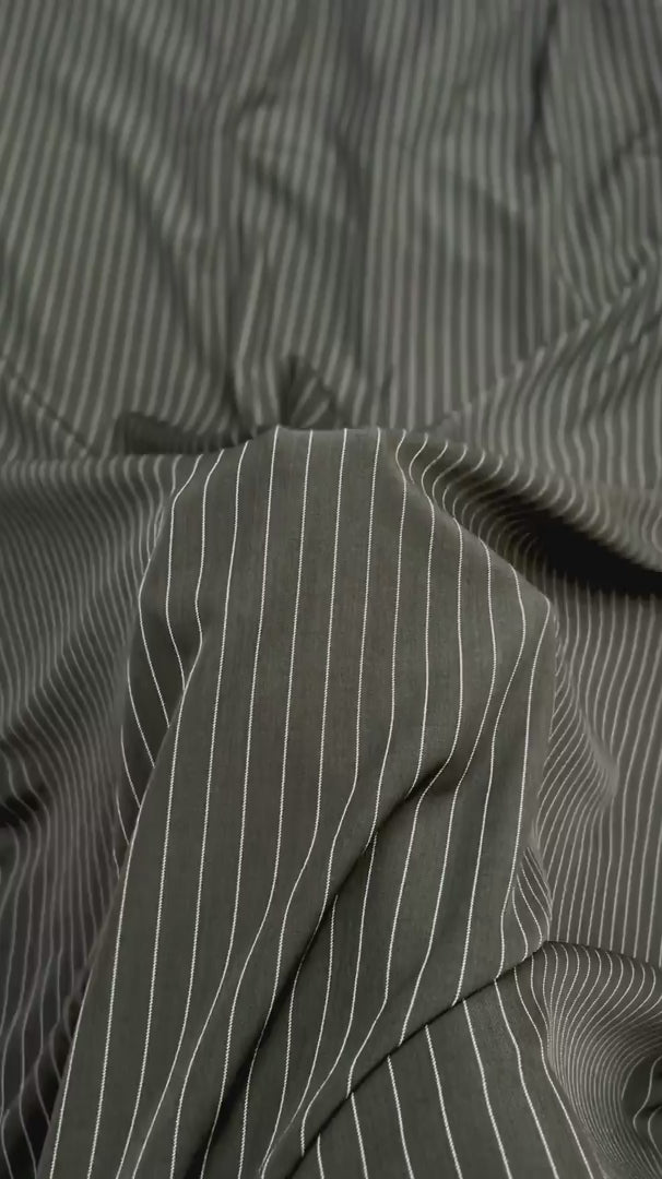 Army Green Tailored Pin Stripe Suiting, PIN Stripe Suiting, Pinstripe Suiting Fabric, Suiting Fabric, Stripe Suiting Fabric, Tailored Fabric, Mens Suiting Fabric, Womens Suiting Fabric