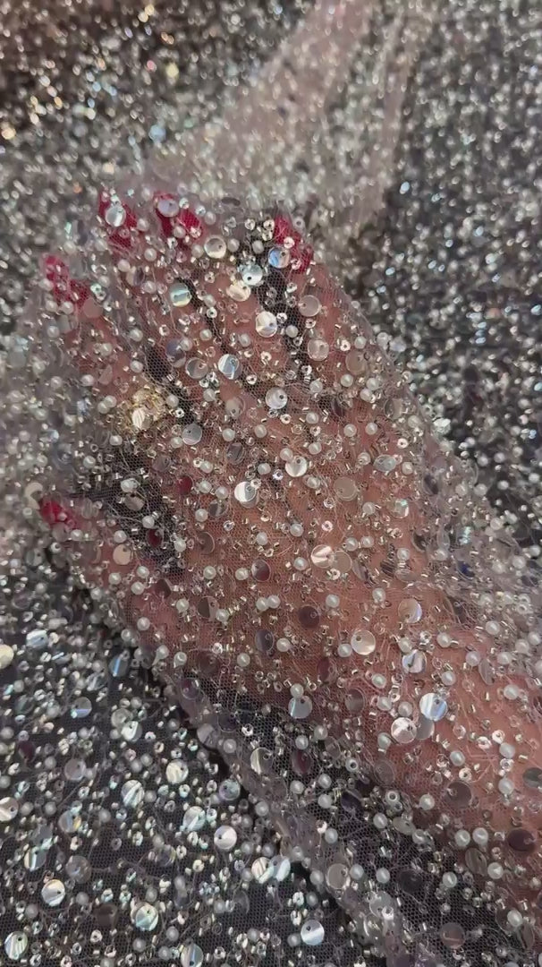 Powder Pink Beaded Sequin Pearl Embroidered Mesh Lace, Pearl Embroidered Lace, Sequin Mesh Lace, Beaded Lace Mesh, Pearl Lace Fabric, Embroidered Mesh Lace, Embellished Lace Fabric