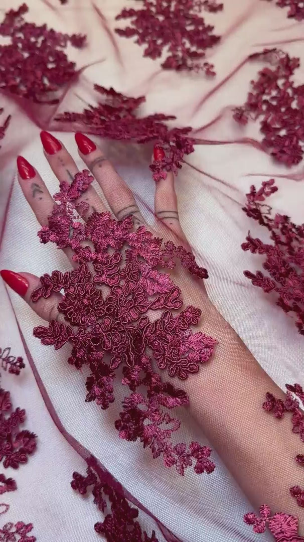 Burgundy Fleur Scalloped Lace Mesh, Scalloped Lace Fabric, Fleur Lace Fabric, Embroidered Lace Mesh, Sheer Lace Fabric, Floral Mesh Fabric, Bridal Lace Fabric
