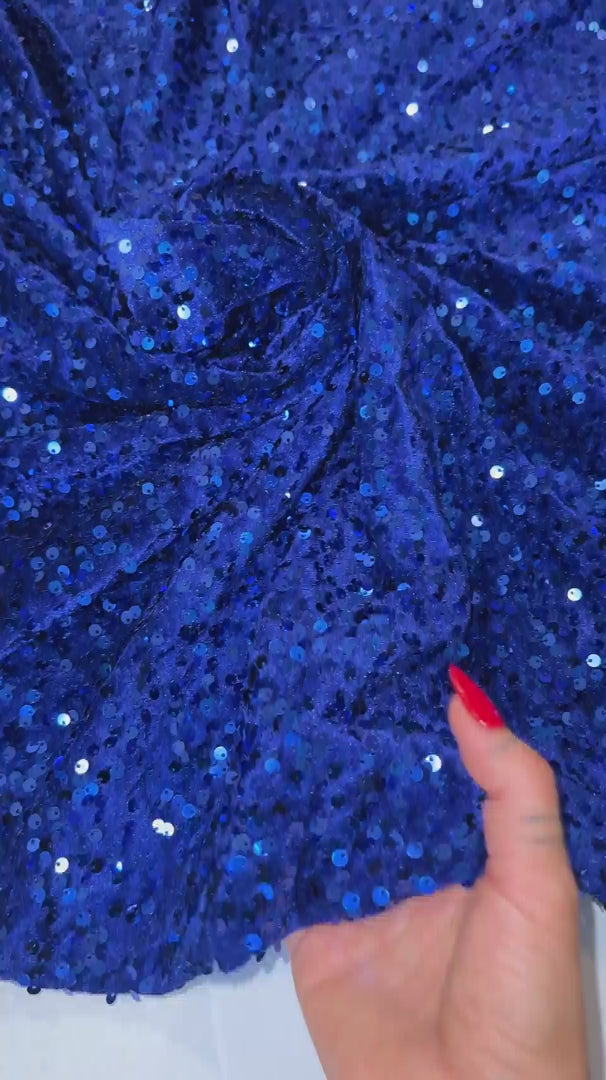 Royal Blue Sequins Velvet, Sequin on velvet, Stretch Sequin Mesh, Stretch Sequin velvet for woman, Stretch Sequin velvet for bride, Stretch Sequin velvet on discount, Stretch Sequin velvet online