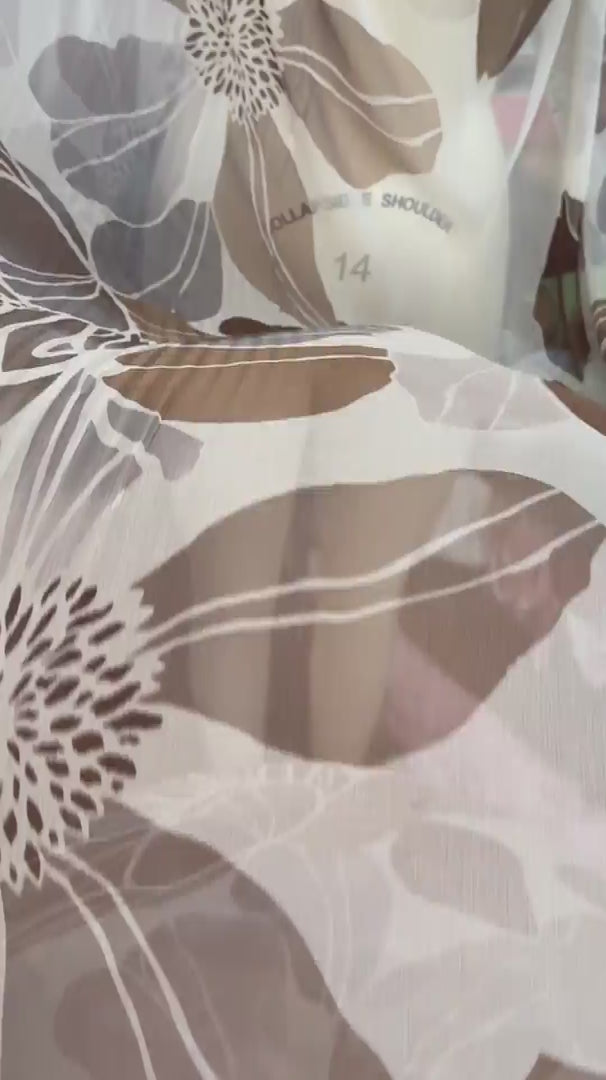 Mocha Botanical Italian Crinkle Silk Chiffon, Crinkle Silk Chiffon, Silk Chiffon Fabric, Textured Silk Chiffon, Pure Silk Chiffon, Sheer Silk Fabric, Lightweight Silk Fabric