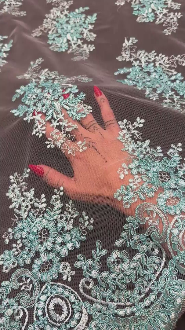 Turquoise Fleur Scalloped Lace Mesh, Scalloped Lace Fabric, Fleur Lace Fabric, Embroidered Lace Mesh, Sheer Lace Fabric, Floral Mesh Fabric, Bridal Lace Fabric