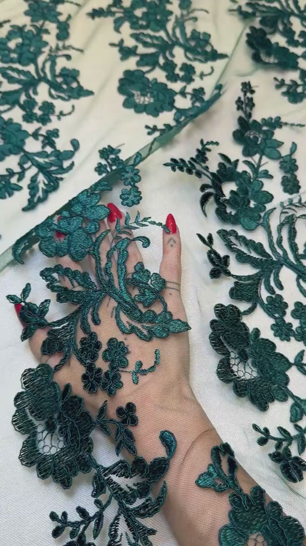 Hunter Green Romantic Bloom Embroidered Mesh Lace, Romantic Lace Fabric, Sheer Embroidered Lace, Bloom Lace Fabric, Bridal Lace Fabric, Wedding Dress Lace