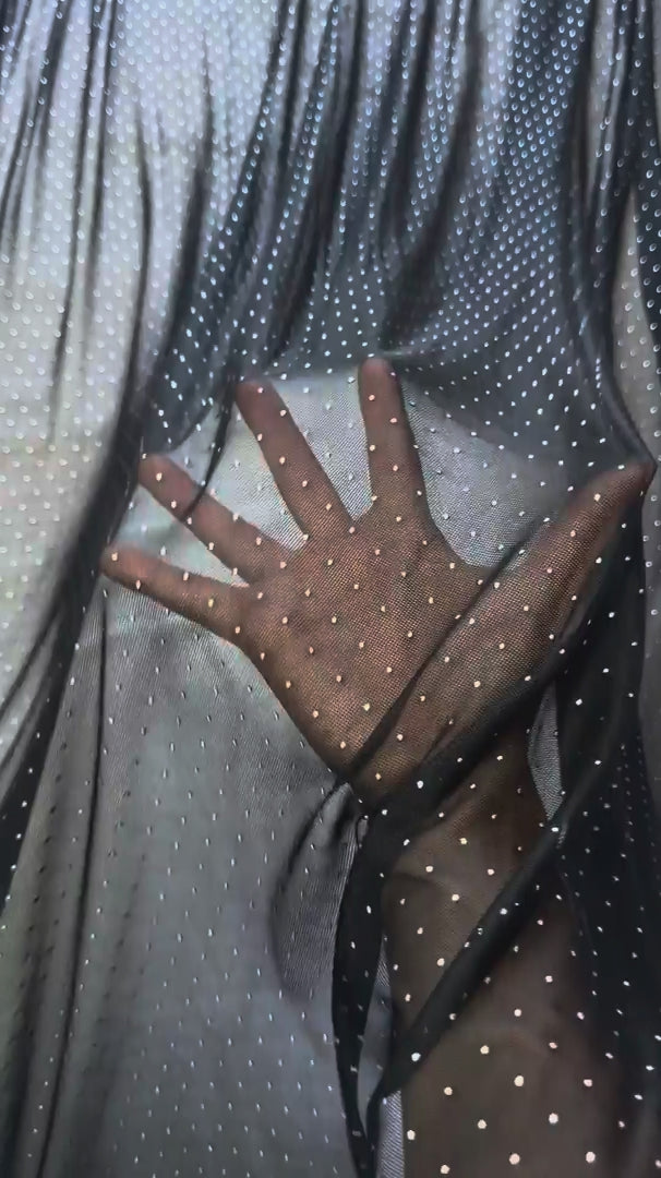 Black & Silver Micro Stud Mesh, Rhinestone Mesh Fabric, Stretch Mesh Fabric, Studded Mesh, Crystal Mesh Fabric, Sparkle Mesh, Sheer Stretch Mesh, Bling Mesh Fabric