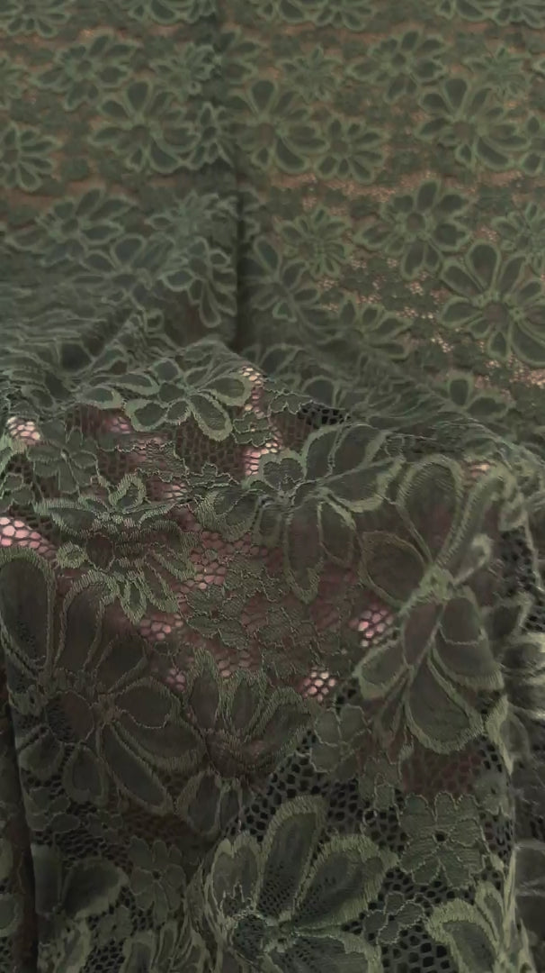 Olive Green Floral Chantilly Stretch Lace Mesh, Floral Lace Fabric, Floral Lace Mesh, Chantilly Lace Fabric, Sheer Lace Fabric, Stretch Lace Fabric, Lace Mesh Fabric