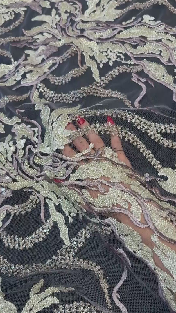 Champagne-Lilac Abstract Leaf Beaded Sequin Lace, Leaf Sequin Lace, Beaded Sequin Lace, Leaf Lace Fabric, Abstract Lace Fabric, Embellished Lace Fabric, Sequin Lace Fabric, Beaded Lace Fabric