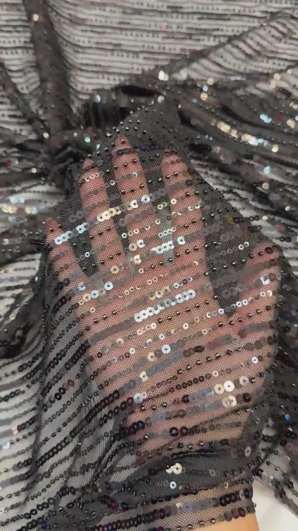 Black Waterfall Stretch Sequin Mesh, Waterfall Sequin Fabric, Sequin Stretch Fabric, Sparkle Mesh Fabric, Glitter Mesh Fabric, Stretch Mesh Fabric