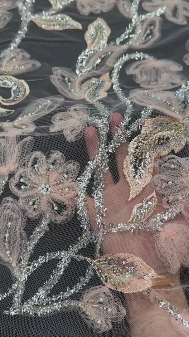 Peach 3D Floral Tulle Beaded Lace Mesh, Beaded Lace Mesh, Floral Beaded Lace, 3D Flower Lace, Embroidered Tulle Lace, Embellished Tulle Fabric, Luxury Lace Fabric