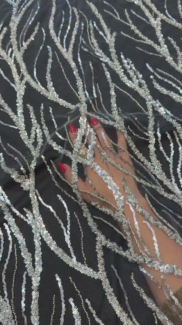 Silver Abstract Branch Beaded Sequin Lace on Mesh, Branch Lace Fabric, Beaded Sequin Lace, Sequin Mesh Lace, Beaded Lace Mesh, Abstract Lace Fabric, Embellished Lace Fabric