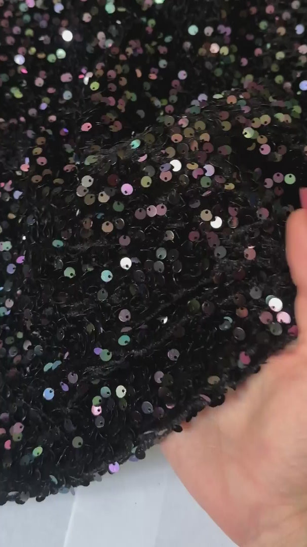 Black Iridescent Sequins Velvet, Stretch Sequin velvet for woman, Stretch Sequin velvet for bride, Stretch Sequin velvet on discount, Stretch Sequin velvet online