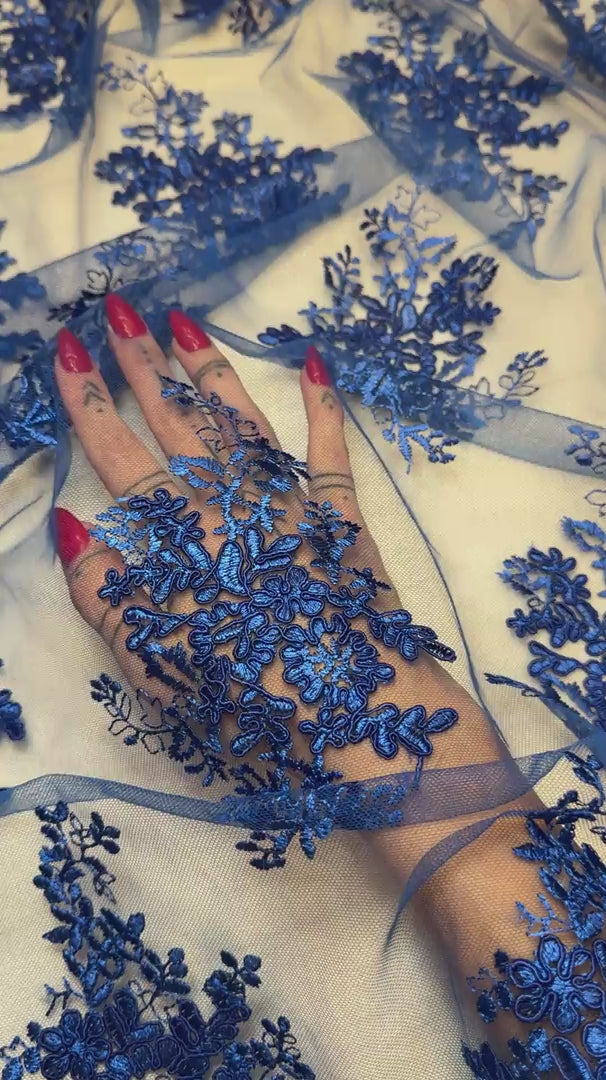 Royal Blue Fleur Scalloped Lace Mesh, Scalloped Lace Fabric, Fleur Lace Fabric, Embroidered Lace Mesh, Sheer Lace Fabric, Floral Mesh Fabric, Bridal Lace Fabric