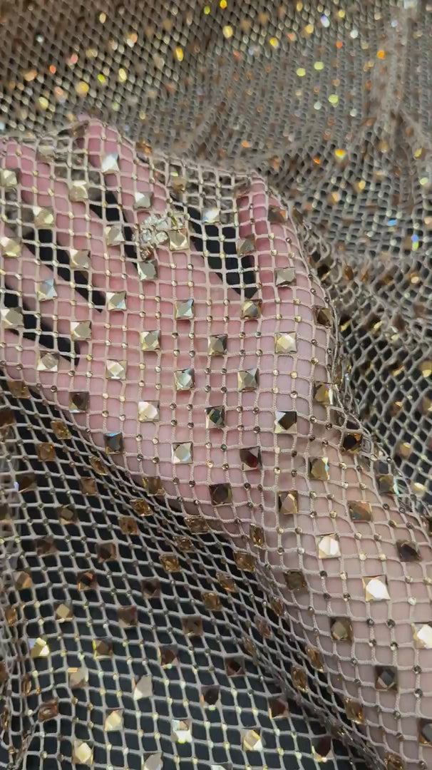 Gold Diamond Crystal Mesh, Crystal Glass Rhinestone Fabric, Luxury Rhinestone Mesh, Couture Crystal Fabric, Heavy Rhinestone Mesh, Premium Crystal Mesh