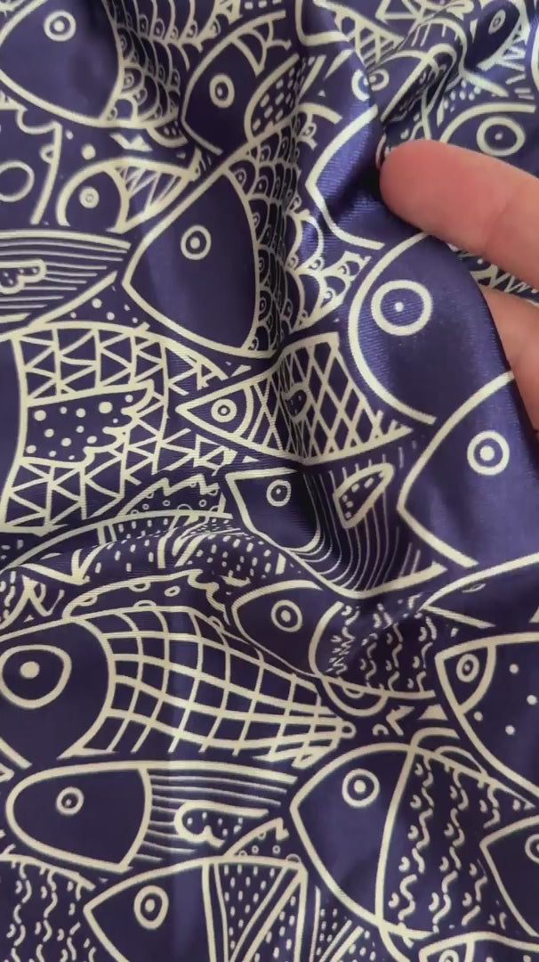 Navy Abstract Fish Print Nylon Spandex, Nylon Spandex Print, Printed Spandex Fabric, Stretch Print Fabric, Printed Stretch Fabric, Spandex Print Fabric, Printed Fabric Stretch