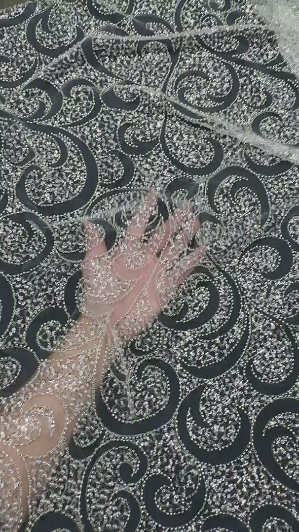 Silver Sequin Beaded Scroll Lace on Mesh, Brocade for woman, shiny fabric for bride, Metallic Brocade, Brocade in low price, Shimmery fabric for party wear, Brocade for gown