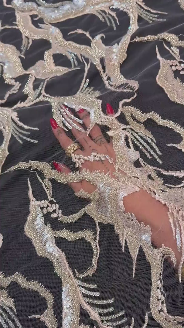 Blush Couture Vine Sequin Embroidered Mesh Lace, Sequin Mesh Lace, Embroidered Mesh Lace, Floral Sequin Lace, Vine Embroidery Lace, Mesh Lace Fabric, Sequin Lace Fabric