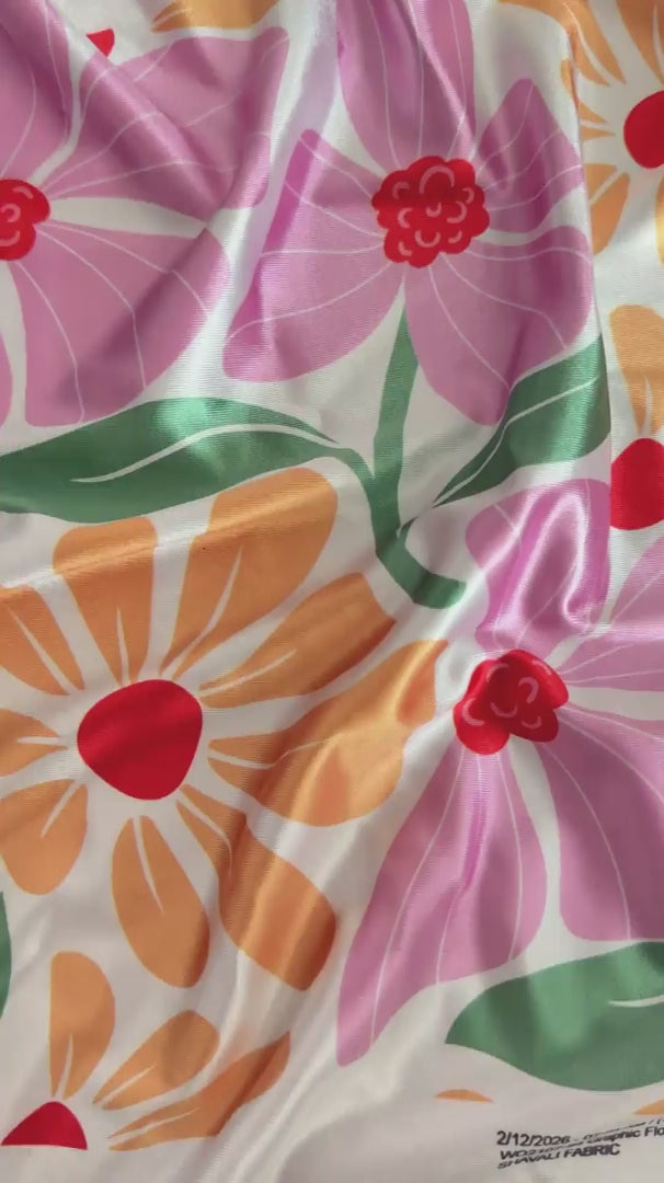 Pink Retro Blossom Flower Nylon Spandex, Nylon Spandex Print, Printed Spandex Fabric, Stretch Print Fabric, Printed Stretch Fabric, Spandex Print Fabric, Printed Fabric Stretch