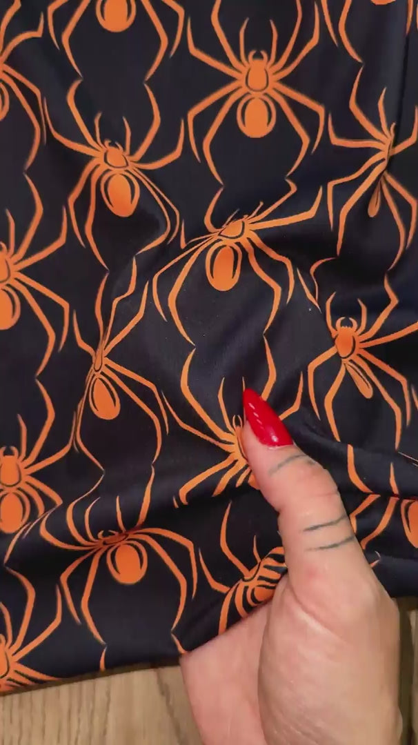 Orange on Black Spider Print Nylon Spandex, Halloween Spandex, Halloween Fabric, Spandex Fabric, Nylon Spandex, Stretch Fabric, 4 Way Stretch, Spooky Fabric