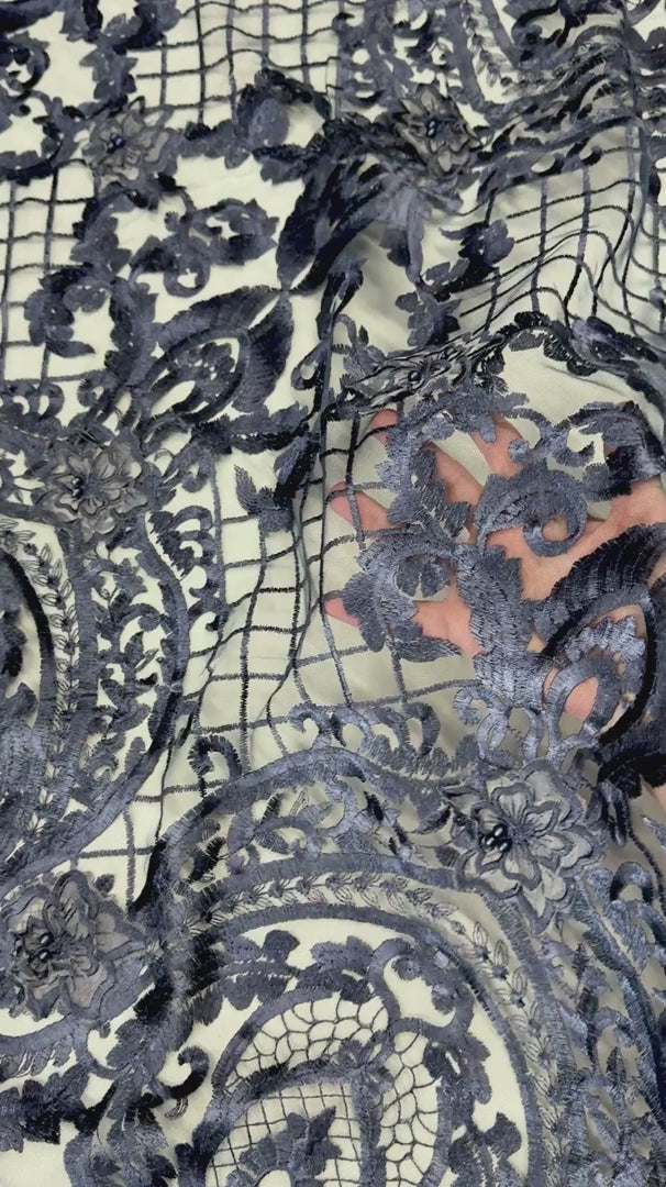 Navy Baroque Embroidered Scalloped Lace, Embroidered Lace Fabric, Embroidered Lace, Embellished Lace Fabric, Luxury Lace Fabric, Fancy Lace Fabric