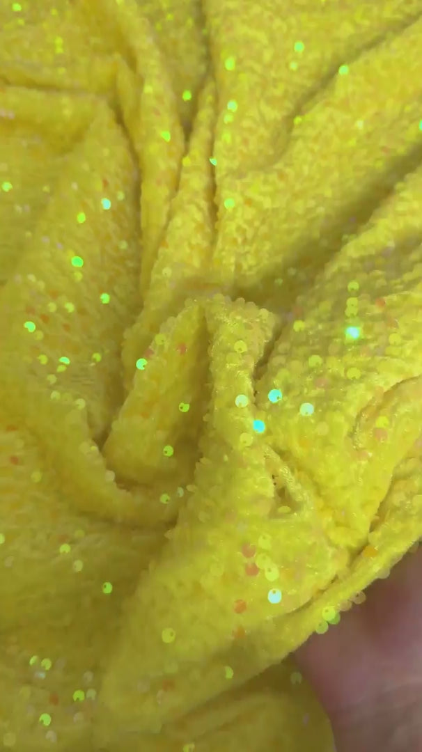 Banana Yellow Sequins Velvet, Sequins Velvet, Stretch Sequin Mesh, Stretch Sequin velvet for woman, Stretch Sequin velvet for bride, Stretch Sequin velvet on discount, Stretch Sequin velvet online