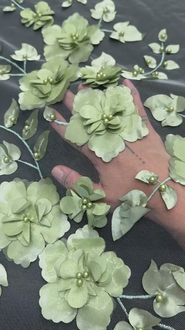 Pistachio 3D Flower Beaded Lace Mesh, Beaded Lace Mesh, Floral Beaded Lace, 3D Floral Lace, Flower Lace Fabric, Embroidered Lace Fabric, Embellished Lace Fabric, Luxury Lace Fabric