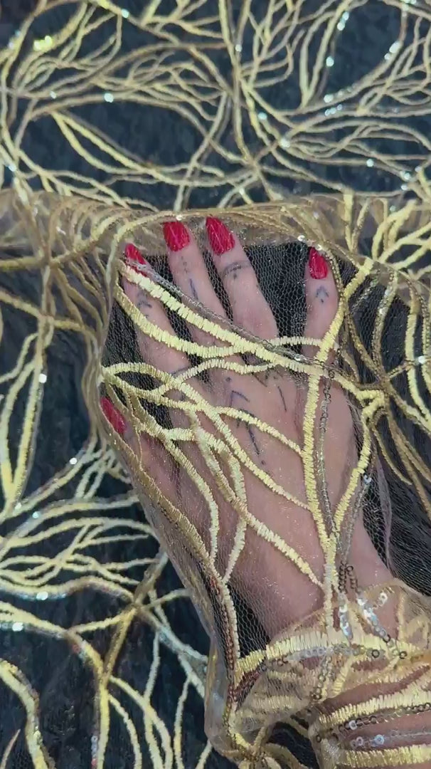 Gold Infinity Web Sequin Embroidered Mesh, Embroidered Mesh Fabric, Stretch Mesh Lace, Sequin Embroidered Fabric, Sheer Sequin Fabric, Web Lace Fabric, Infinity Lace Fabric