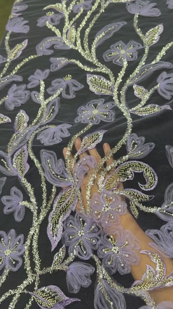 Lavender 3D Floral Tulle Beaded Lace Mesh, Beaded Lace Mesh, Floral Beaded Lace, 3D Flower Lace, Embroidered Tulle Lace, Embellished Tulle Fabric, Luxury Lace Fabric