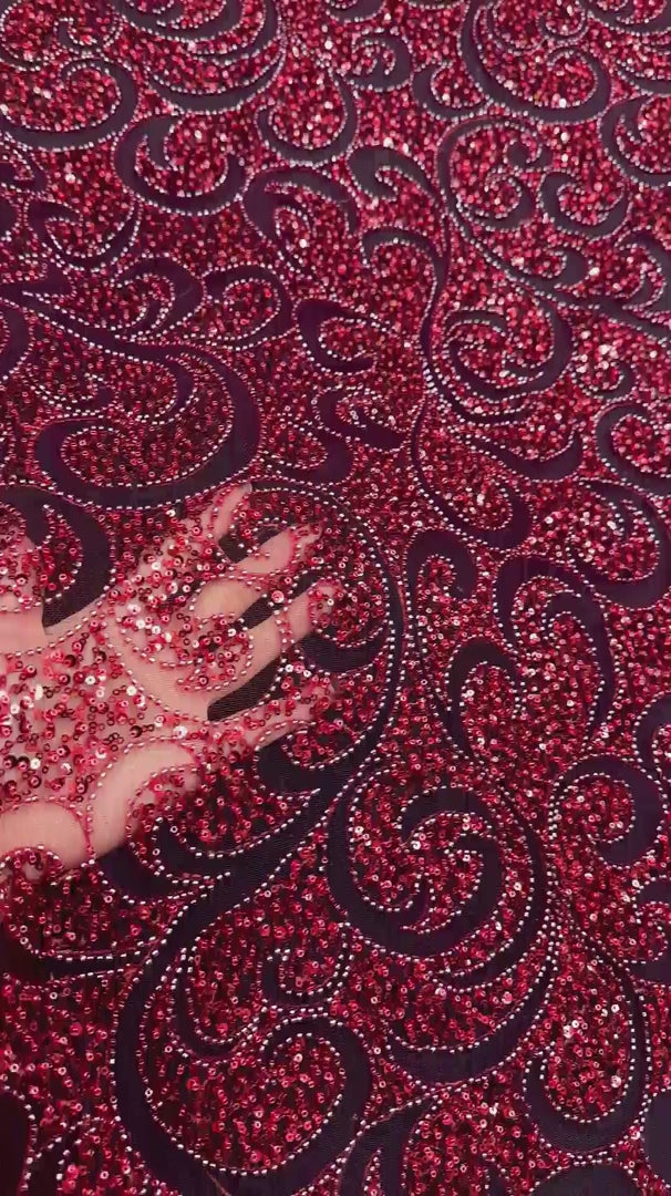 Red Sequin Beaded Scroll Lace on Mesh, Brocade for woman, shiny fabric for bride, Metallic Brocade, Brocade in low price, Shimmery fabric for party wear, Brocade for gown