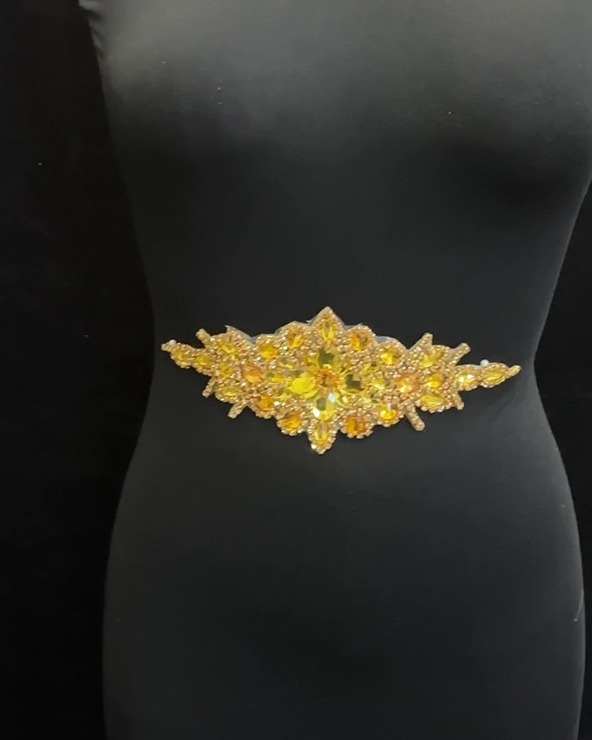 ASia Gold iron on rhinestone applique, gold applique, dark yellow applique, gold bodice, gold embellishment for dress,