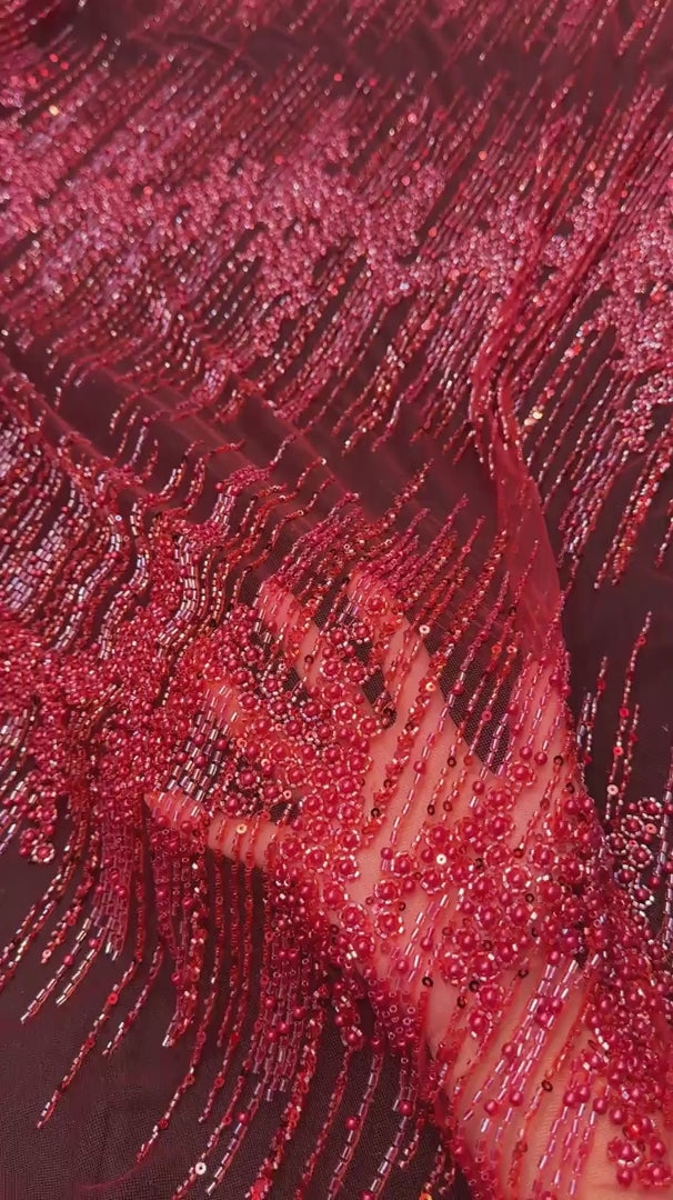 Red Crimson Cascade Crystal & Bugle Beaded Lace, Crystal Beaded Lace, Bugle Bead Lace, Pearl Beaded Lace, Sequin Lace Fabric, Bridal Lace Fabric, Couture Lace Fabric