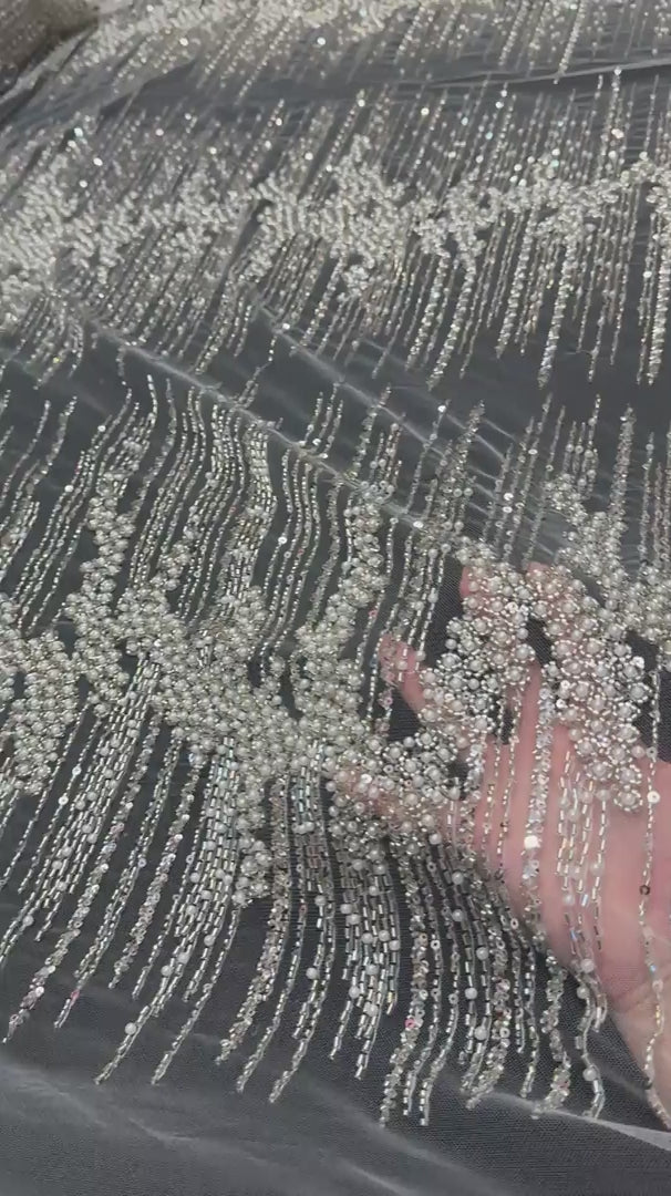 Off White Crimson Cascade Crystal & Bugle Beaded Lace, Crystal Beaded Lace, Bugle Bead Lace, Pearl Beaded Lace, Sequin Lace Fabric, Bridal Lace Fabric, Couture Lace Fabric