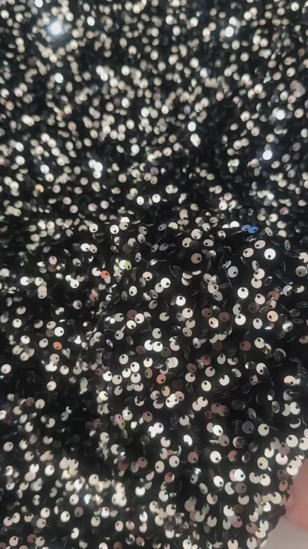 Silver - Black Sequins Velvet, Stretch Sequin Mesh, Stretch Sequin velvet for woman, Stretch Sequin velvet for bride, Stretch Sequin velvet on discount, Stretch Sequin velvet online